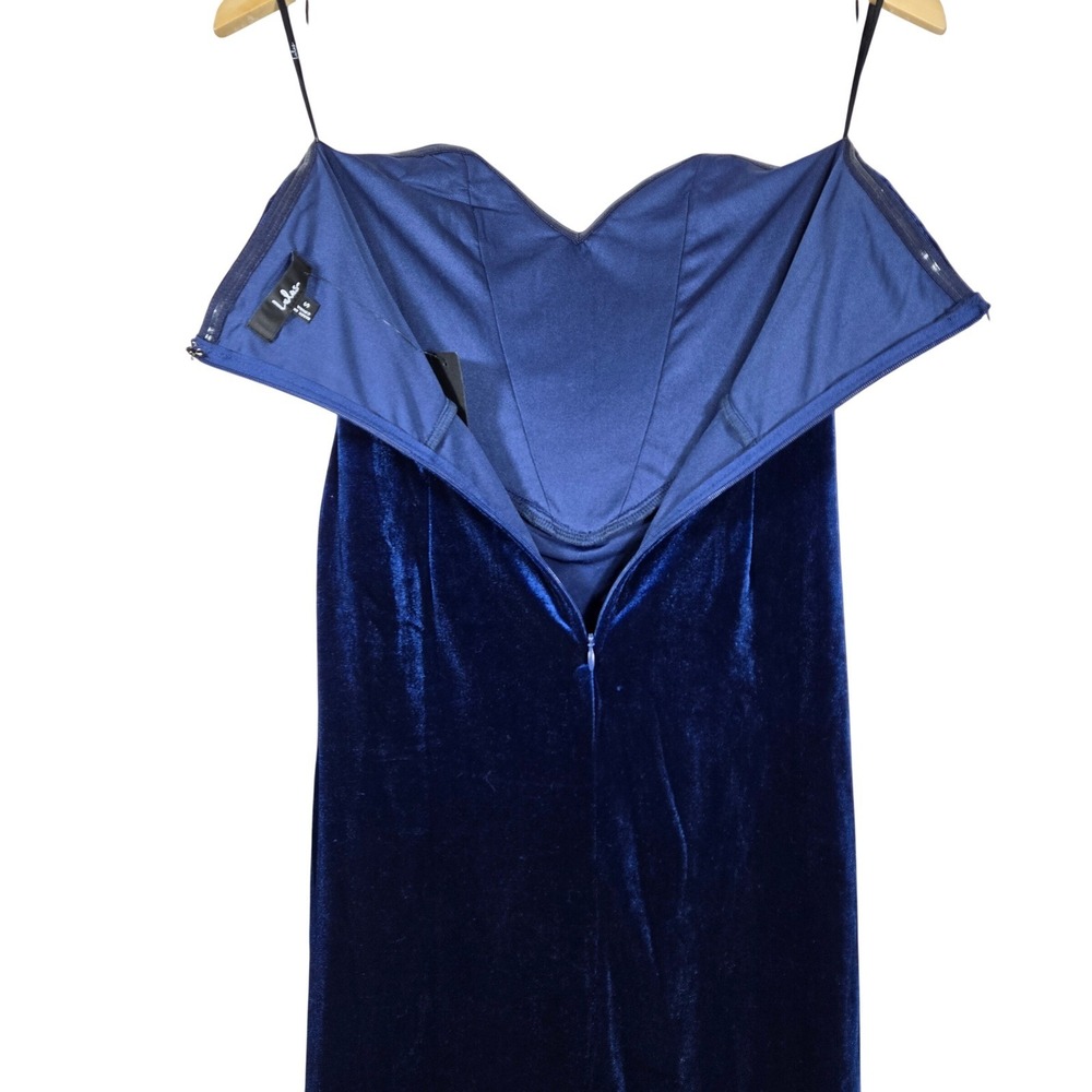 Lulus Masterfully Flirty Dark Blue Velvet Bustier Midi Dress Strapless Small - Picture 4 of 9